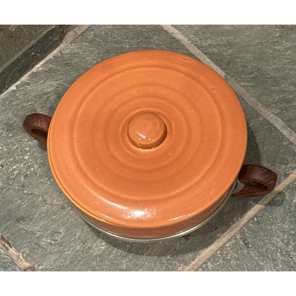 Vintage Bauer Pottery GPK Orange Rust Casserole No 3 Dish Lid Wood Handle 8”